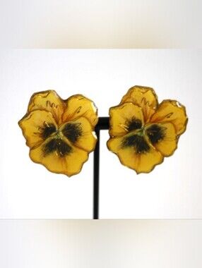Vintage Clip on Earrings yellow pansies Summer flower jewelry large floral jewel